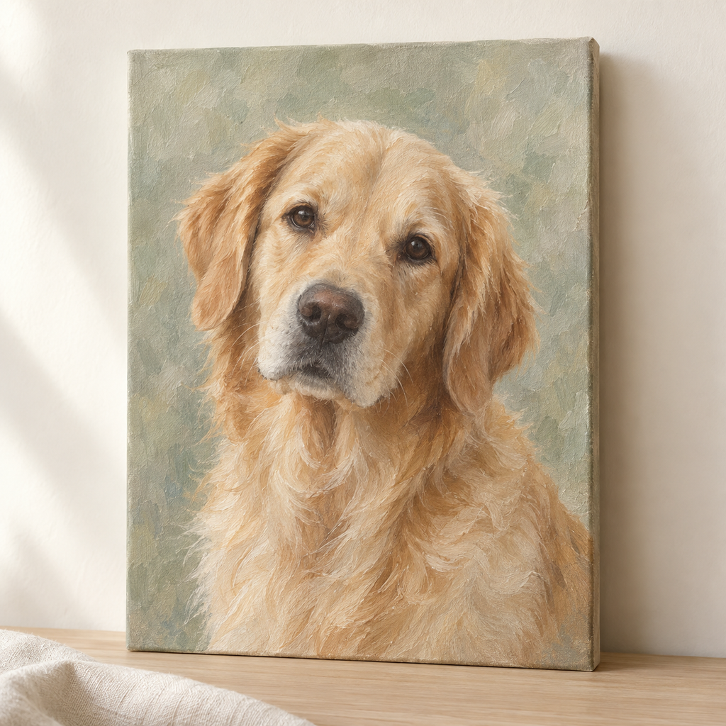 Golden retriever oil portrait on unframed stretched canvas in soft sage tones