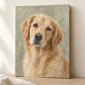 Golden retriever oil portrait on unframed stretched canvas in soft sage tones