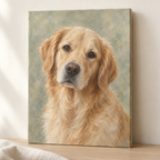 Golden retriever oil portrait on unframed stretched canvas in soft sage tones
