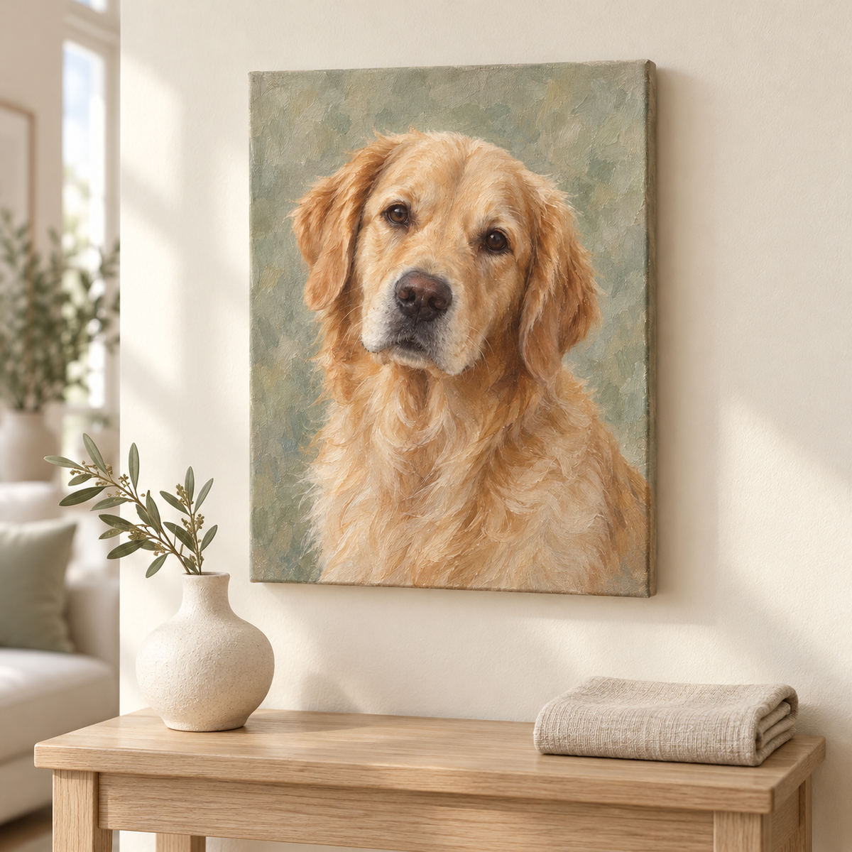 Golden retriever oil canvas displayed above a pale oak console