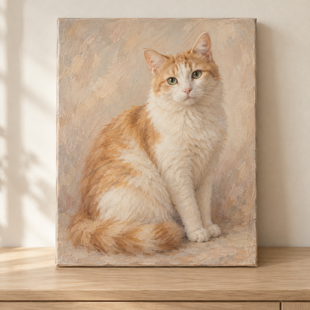 Cream and ginger cat oil portrait on unframed canvas with a soft blush background