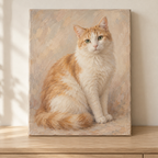 Cream and ginger cat oil portrait on unframed canvas with a soft blush background