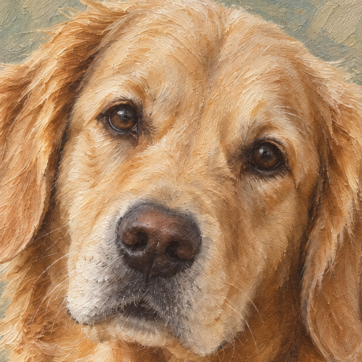 Close-up of the golden retriever portrait showing oil brushstrokes and canvas texture