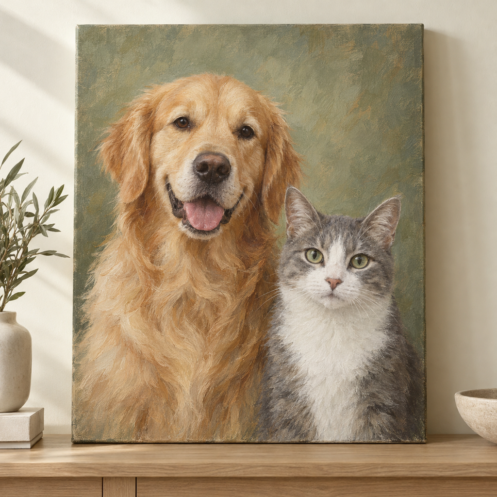 Oil portrait of a golden retriever and gray-and-white cat together on unframed canvas