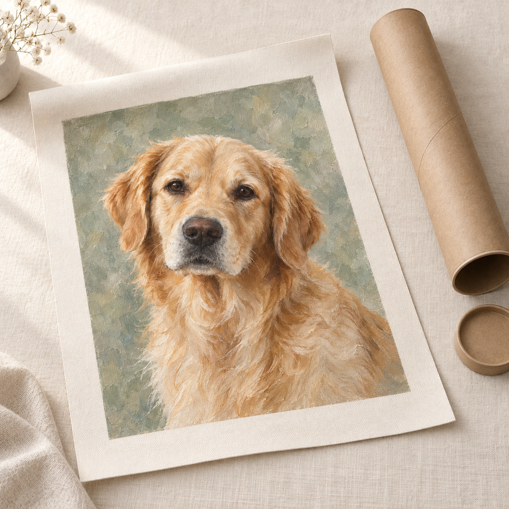 Unmounted golden retriever oil canvas with blank margins beside a protective shipping tube