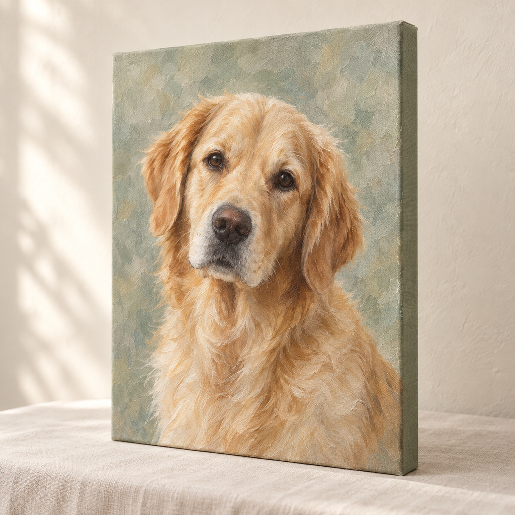 Angled view of the golden retriever oil portrait showing its wrapped stretched-canvas edge